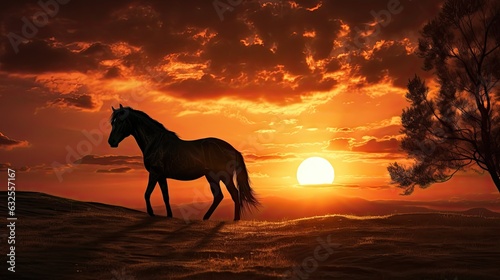A horse silhouette grazing at sunrise with a vibrant backdrop
