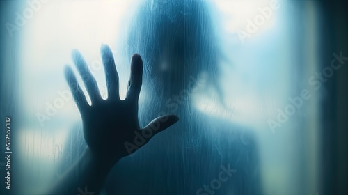 Mysterious woman behind frosted glass symbolizing isolation or sadness