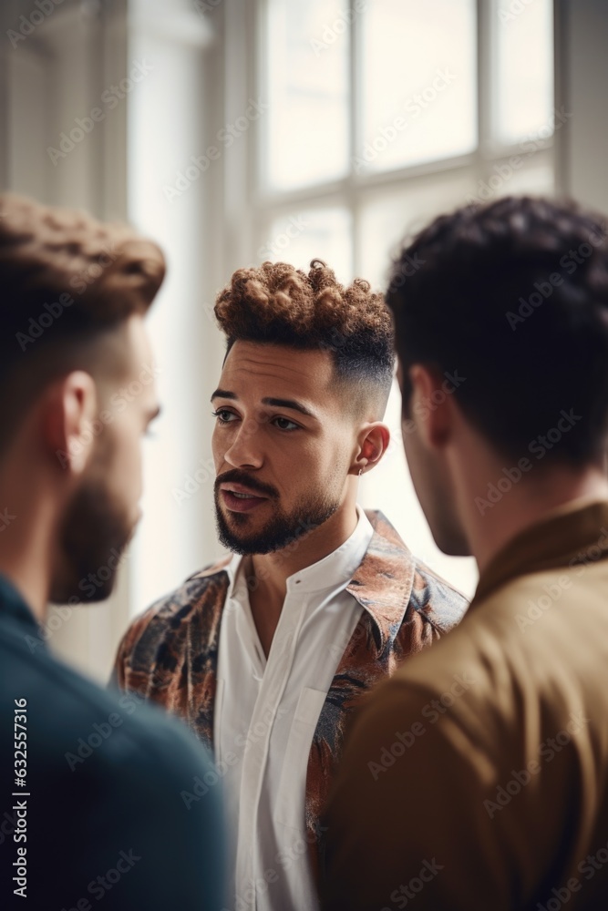 shot of a handsome designer speaking with his colleagues shot of a handsome designer speaking with his colleagues