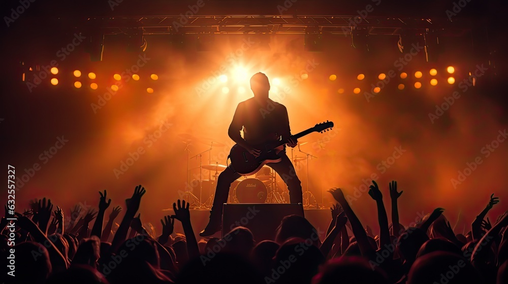 Guitar player performing on stage with crowd in front Stock Photo ...