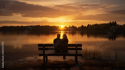 Two people sitting on a bench on a dock admiring the sunset over a lovely lake in Minnesota on a calm and peaceful evening in golden hour