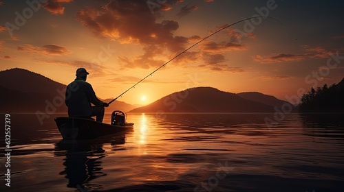 Man fishing at sunset outlined against the sky © HN Works