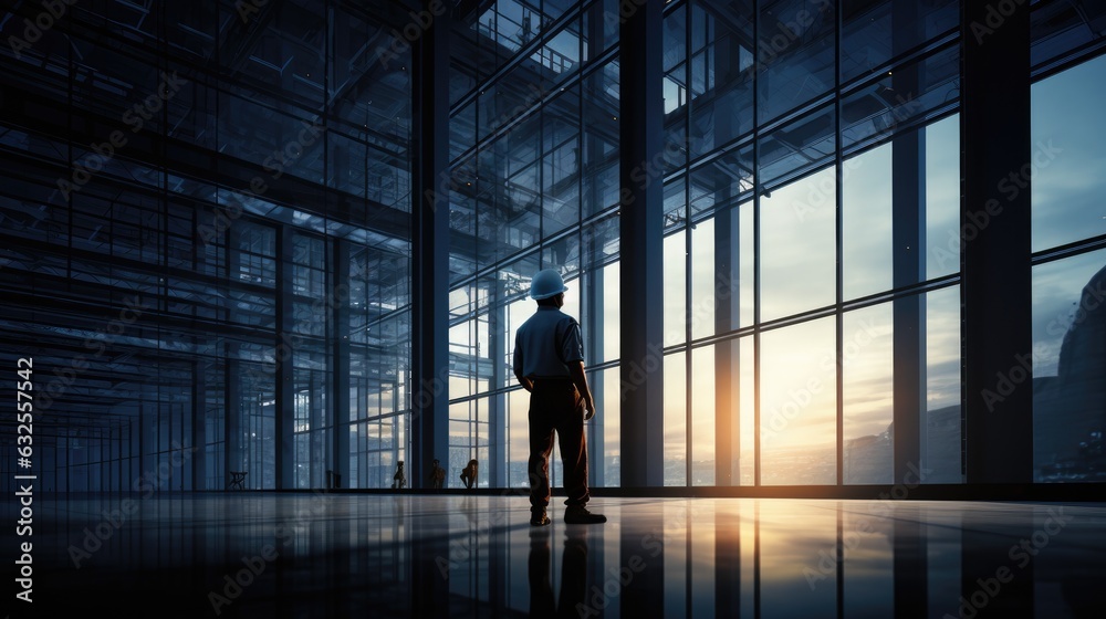 Silhouetted worker in contemporary building
