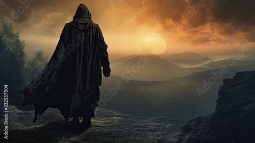 Silhouette of a medieval traveler standing on a mountain wearing a hooded cloak photo