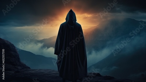 Silhouette of a medieval traveler standing on a mountain wearing a hooded cloak