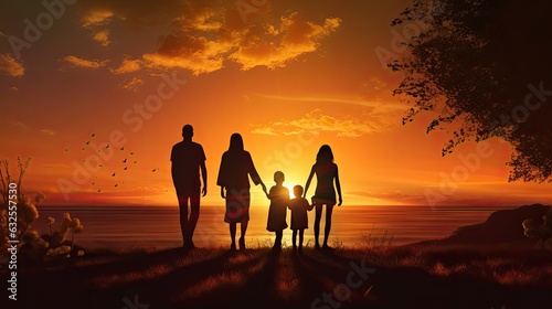 Happy family with children silhouetted against a sunset
