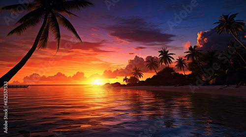 Tropical beach adorned by palm tree silhouettes during a magical sunset