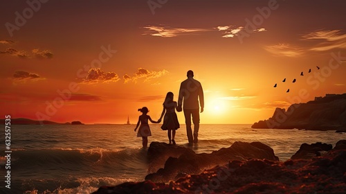 Gorgeous seaside sunset scene featuring family silhouettes