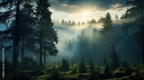 A dreamlike summer landscape with ancient pine tree silhouettes in a morning fog surrounded by a panoramic view of majestic evergreen forest Sun rays add an atmospheric tou © HN Works