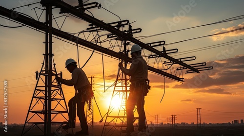 High voltage tower work for installing wires and equipment