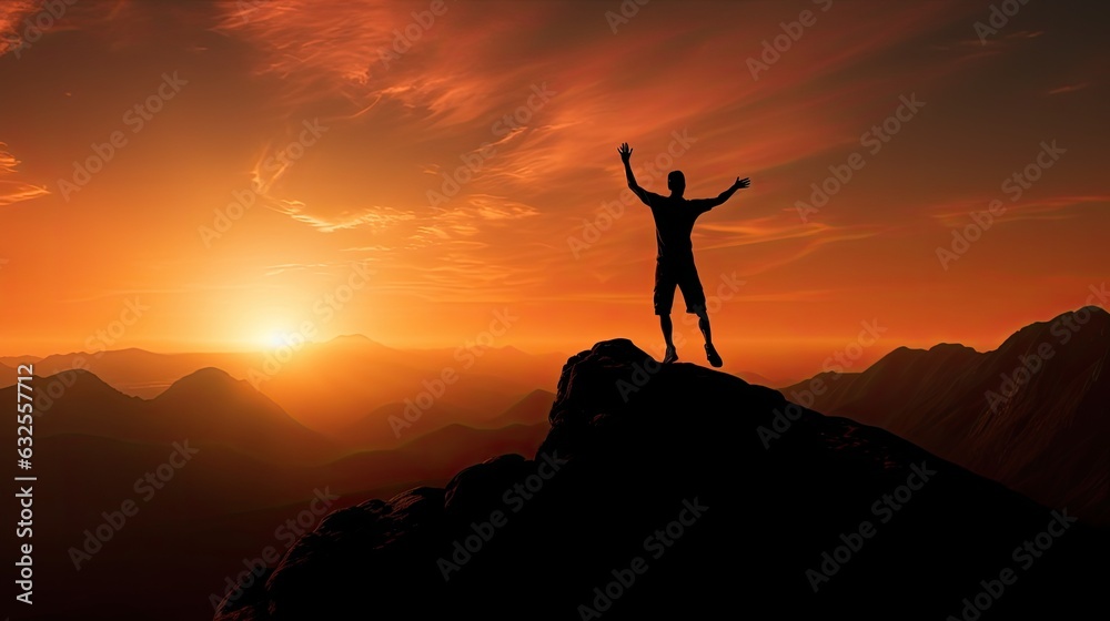 Man doing sunset exercise on mountain silhouette