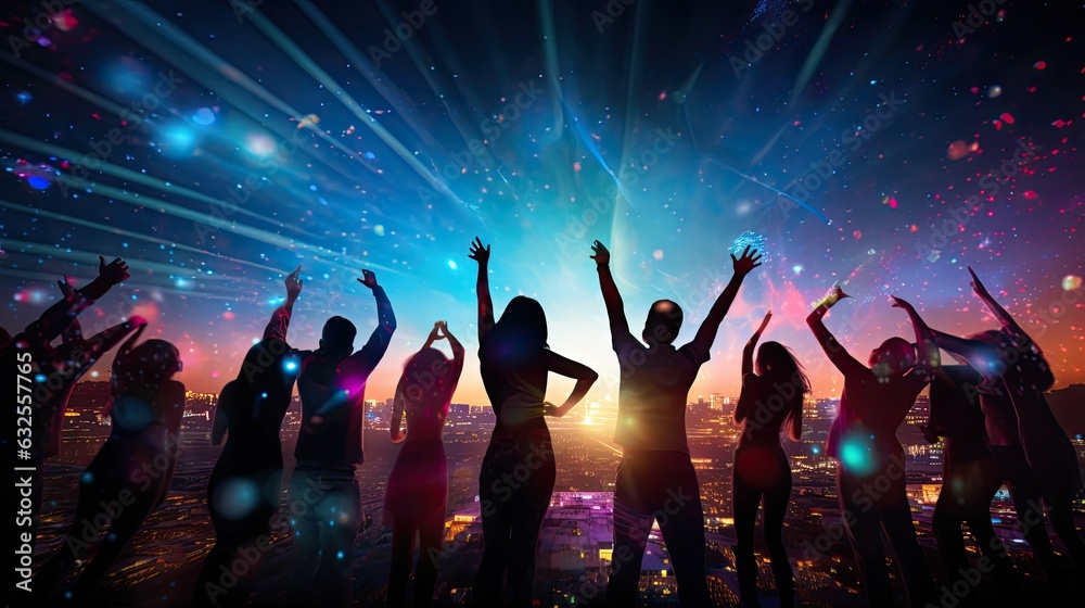 Group of joyful youths dancing at a nightclub It represents nightlife and disco ambiance