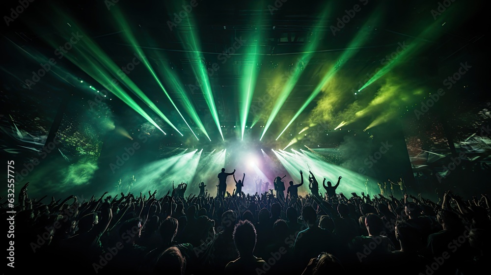 Crowded concert hall with green stage lights rock show people silhouette colorful confetti explosion in the air at a festival