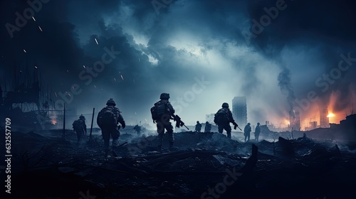 War scene with silhouette soldiers fighting in a ruined city under a cloudy sky © HN Works