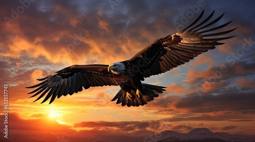 Silhouette of majestic sea eagle flying at sunrise in Hokkaido Japan isolated bird silhouette against colorful sky and clouds as wallpaper