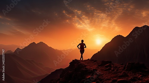 Hiker silhouette sprinting in Ras Al Khaimah mountain photo