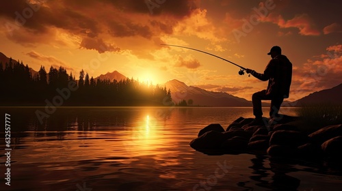 Man fishing at sunset outlined against the sky