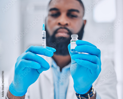 Man, doctor and hands with syringe for vaccine, injection or flu shot in healthcare at hospital. Closeup of male person or medical expert with needle and vial for vaccination or monkey pox at clinic photo