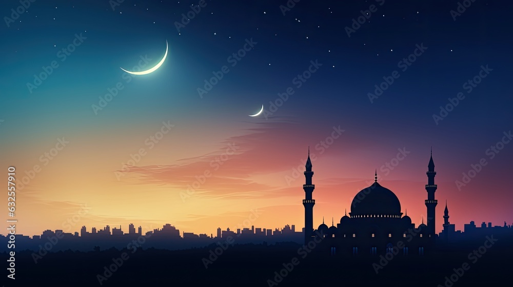 Mosques at twilight with crescent moon representing Islam s holy occasions Mosques at twilight with crescent moon representing Islam s holy occasions