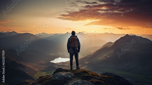 Hiker at sunset on the Langdale pikes in the Lake District