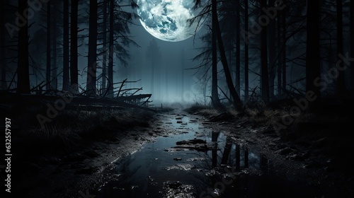 Photo Mysterious forest with a moonlit path fog and a Halloween backdrop hint