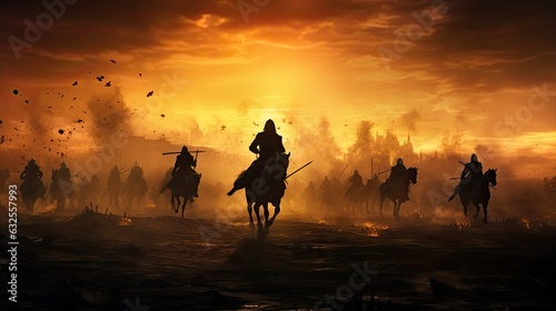 Photo Warriors on foggy sunset background fighting in a medieval battle scene with cav