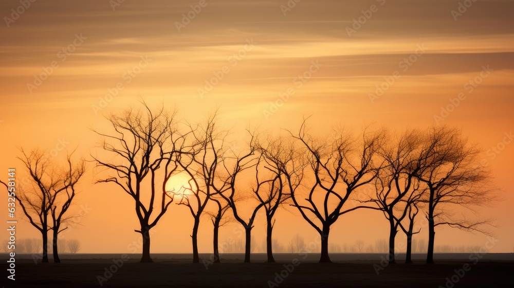 Golden evening sky in the Flemish countryside with bare tree silhouettes