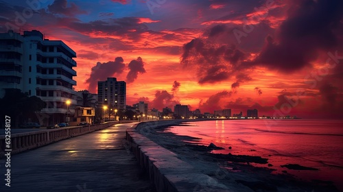 Sunset clouds over Malecon promenade street and Vedado district Havana Cuba © HN Works