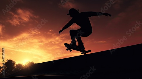 Skatepark silhouette of a jumping skateboarder © HN Works