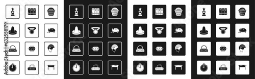 Set Hockey helmet, Medal, Mallet for playing air hockey, Award cup, Ice resurfacer, Locker changing room, and Sport bag icon. Vector