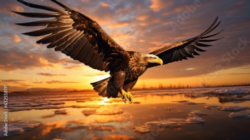 Silhouette of majestic sea eagle flying at sunrise in Hokkaido Japan isolated bird silhouette against colorful sky and clouds as wallpaper © HN Works