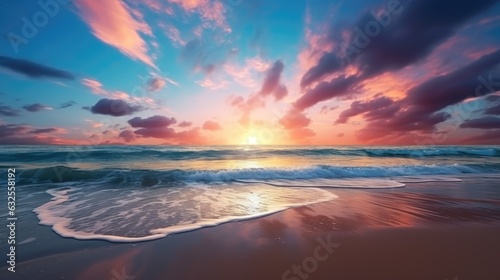 Romantic tropical vacation with stunning sunset above the sea or ocean enchanting colors and magical light Delicate clouds in the sky sun reflecting on the water and sandy