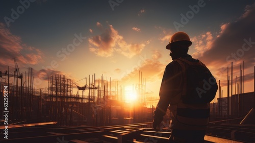 Worker silhouette on construction site at sunset