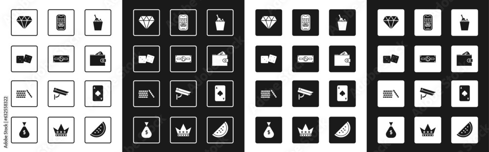 Set Champagne in an ice bucket, Stacks paper money cash, Game dice, Diamond, Wallet with, Casino poker tournament invitation, Playing card spades and chips icon. Vector Set Champagne in an ice bucket, Stacks paper money cash, Game dice, Diamond, Wallet with, Casino poker tournament invitation, Playing card spades and chips icon. Vector