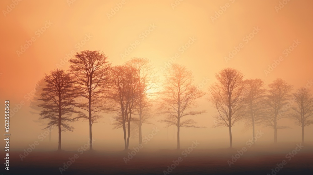 Misty autumn sunset with trees