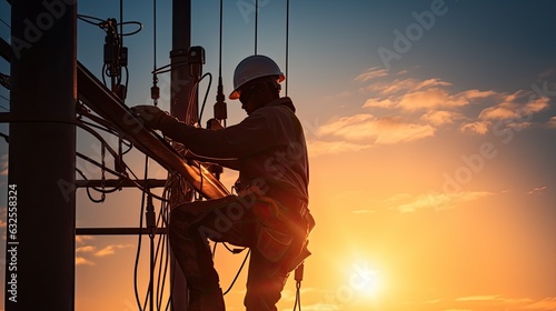 High voltage tower work for installing wires and equipment photo
