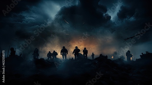 War scene with silhouette soldiers fighting in a ruined city under a cloudy sky