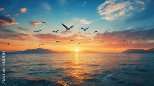 Gorgeous Thai sunset with seagull silhouettes flying over the sea