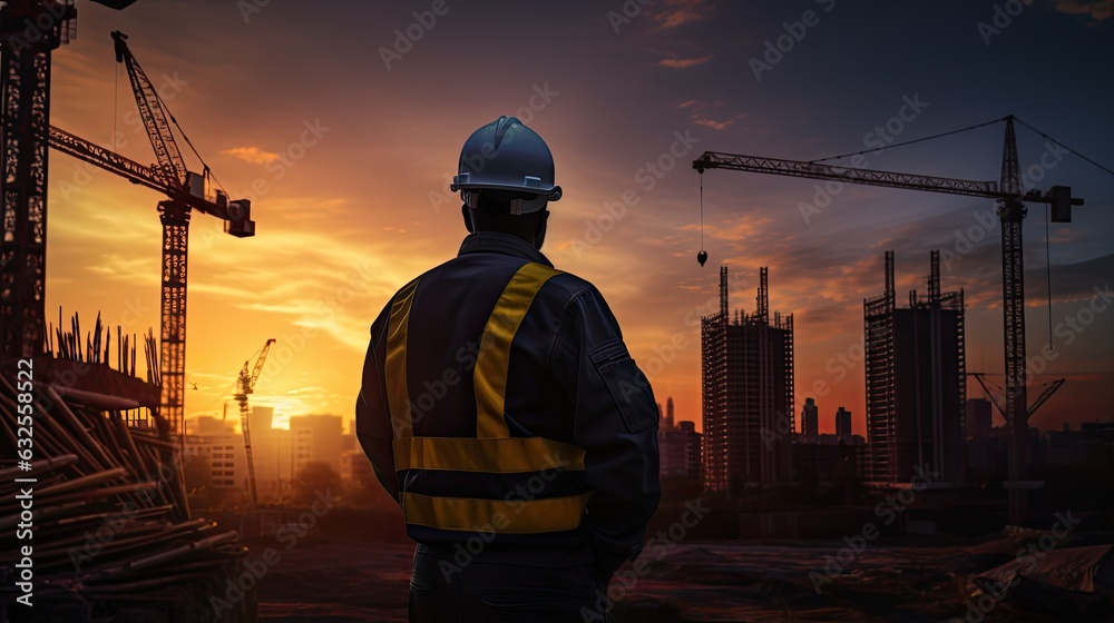 Engineer with yellow helmet ensures worker safety amidst new highrise construction and cranes against an evening sunset backdrop