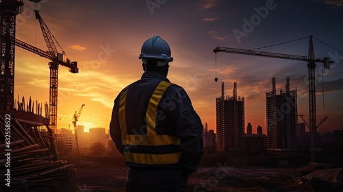 Engineer with yellow helmet ensures worker safety amidst new highrise construction and cranes against an evening sunset backdrop