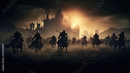 Dark medieval battle scene with silhouetted cavalry and infantry warriors fighting in front of a foggy castle © HN Works