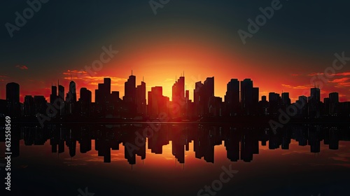 Tall building and city silhouettes at sunset
