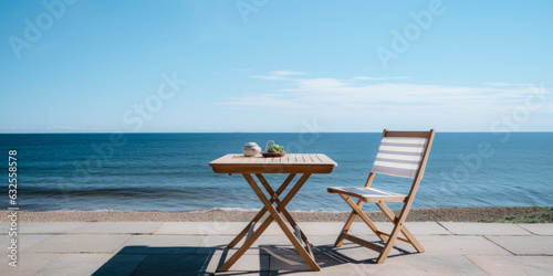 Decorative Table With A Chair On The Background Of The Sea Created Using Artificial Intelligence