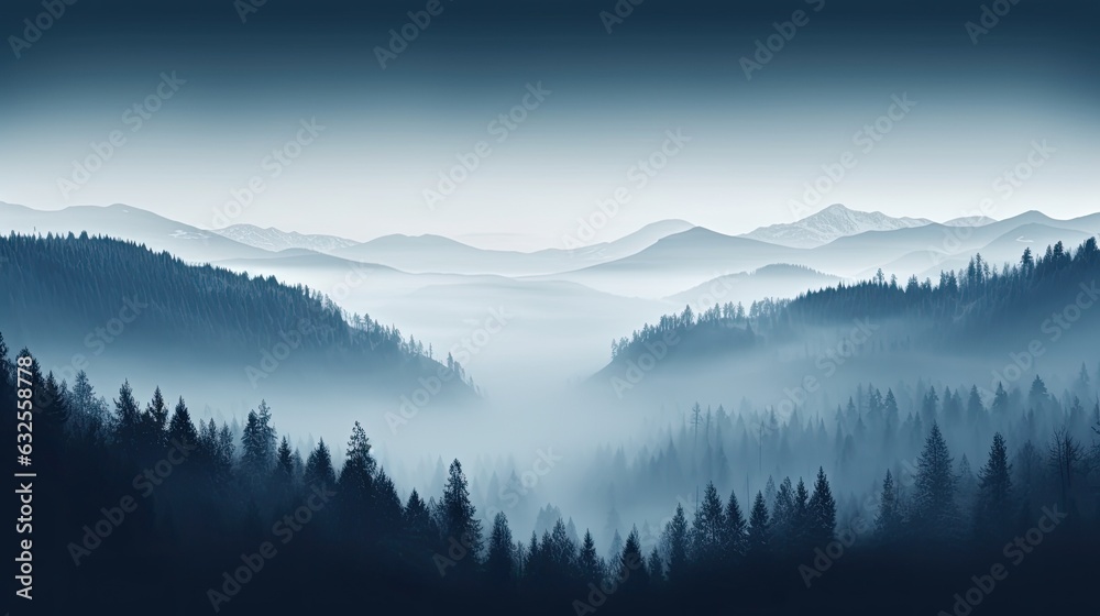 Concepts related to environment ecology climate change and sustainability depicted in foggy winter coniferous forest hills and valleys