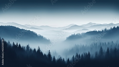 Concepts related to environment ecology climate change and sustainability depicted in foggy winter coniferous forest hills and valleys © HN Works
