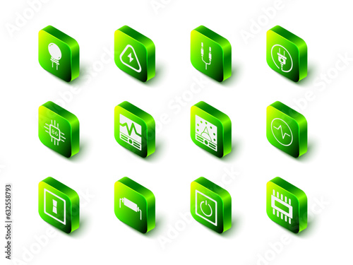 Set High voltage, Audio jack, Electric plug, circuit scheme, Processor with microcircuits CPU, Ampere meter, multimeter, voltmeter, light switch and Resistor electricity icon. Vector