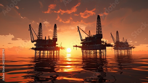 Silhouetted oil rigs in sunset backdrop