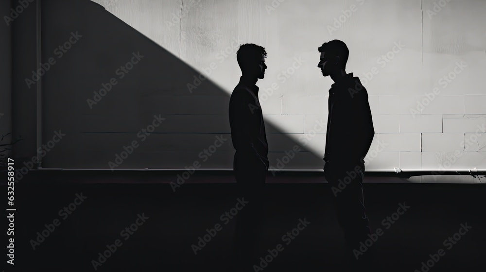 Two men converse as shadows on the wall