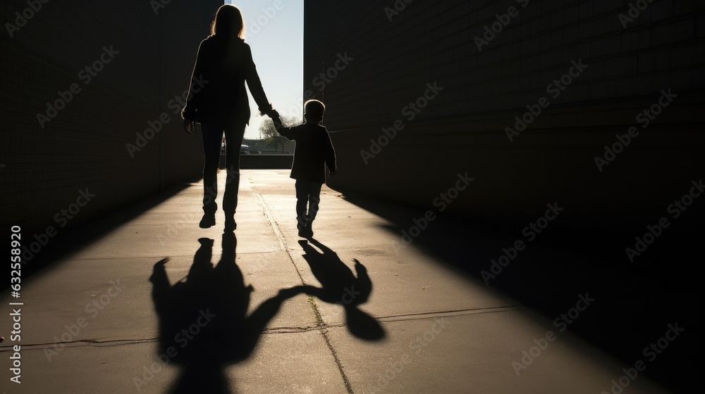 Silhouette of mother and child holding hands on the sidewalk Silhouette of mother and child holding hands on the sidewalk