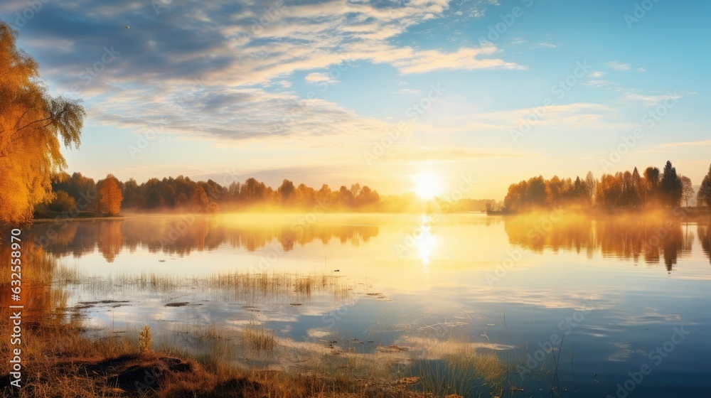 Autumn river landscape in Belarus or European part of Russia at sunset with sun shining over blue water at sunrise Nature on a sunny morning with woods and orange foliage o